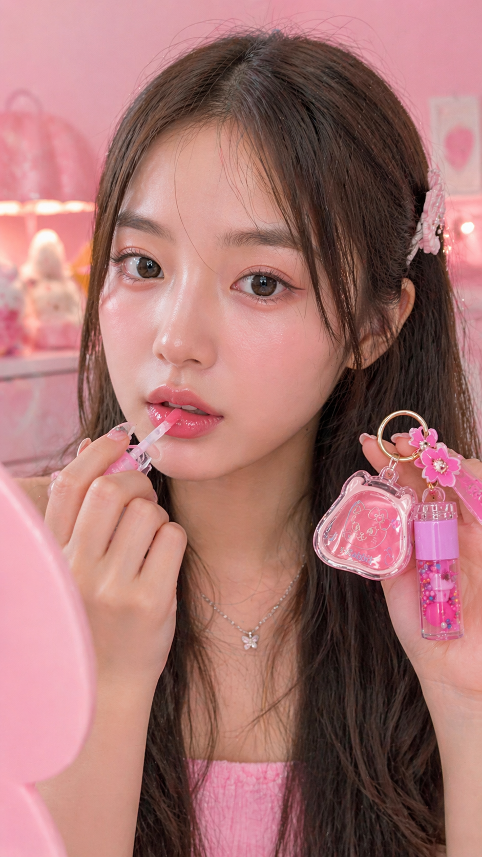 Sakura Lip Gloss & Mini Highlighter or Blusher Keychain - جلوس شفاه مع تعليقة وميني هايلايتر او بلاشر