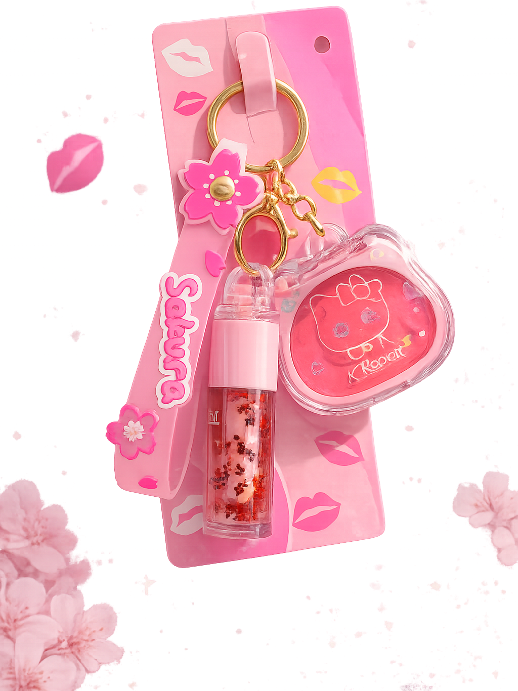 Sakura Lip Gloss & Mini Highlighter or Blusher Keychain -   جلوس شفاه مع تعليقة وميني هايلايتر او بلاشر