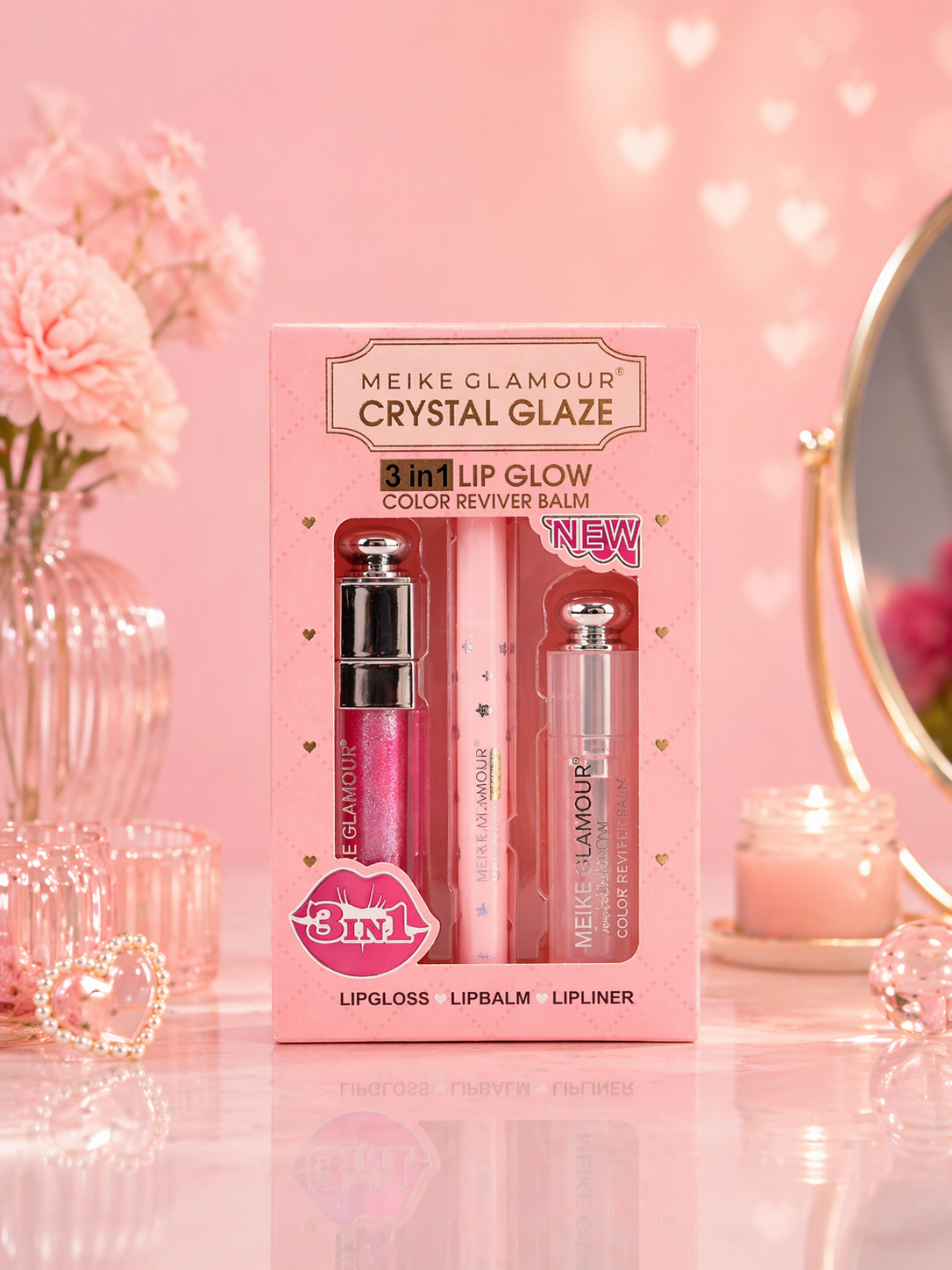 Meike Glamour Crystal Glaze 3-in-1 Lip Glow Set - مجموعة ميكي جلامور كريستال جلو 3 في 1 للشفاه
