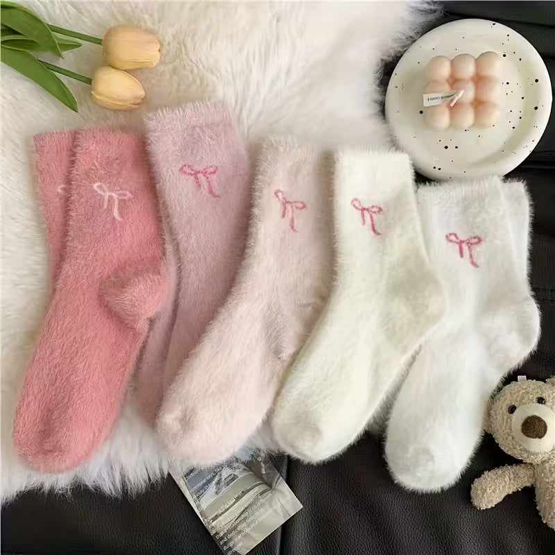 Bow Embroidered Fluffy Socks