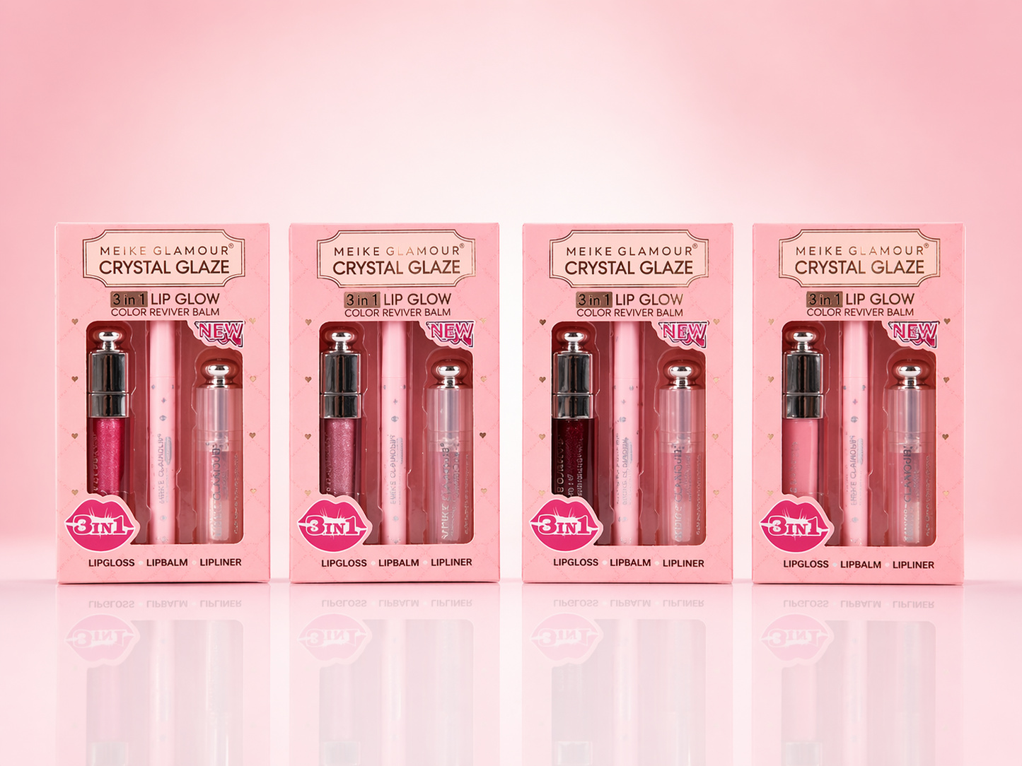 Meike Glamour Crystal Glaze 3-in-1 Lip Glow Set - مجموعة ميكي جلامور كريستال جلو 3 في 1 للشفاه