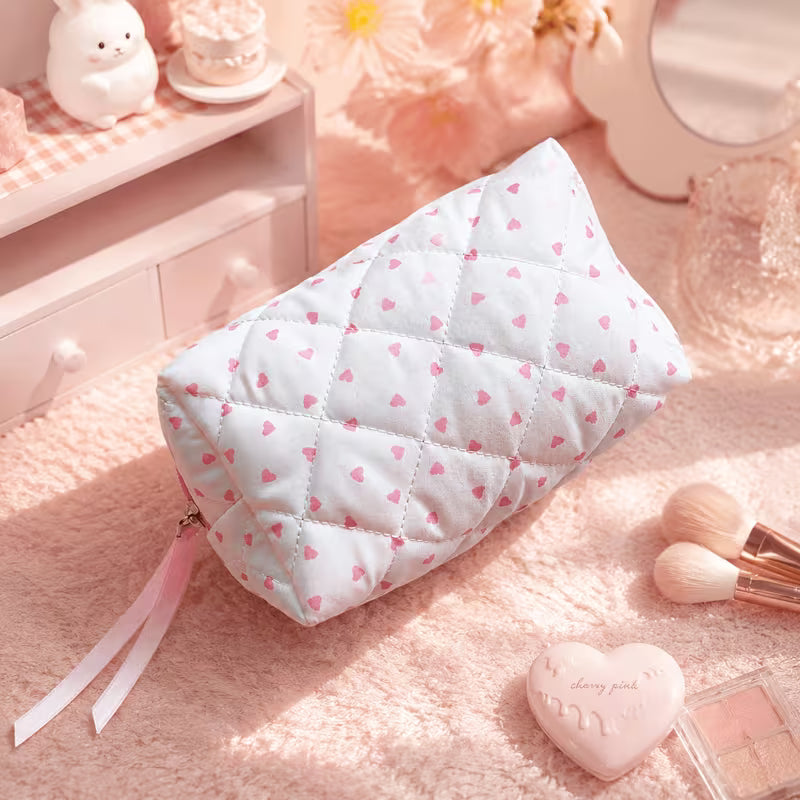 Pink Hearts Quilted Makeup Bag