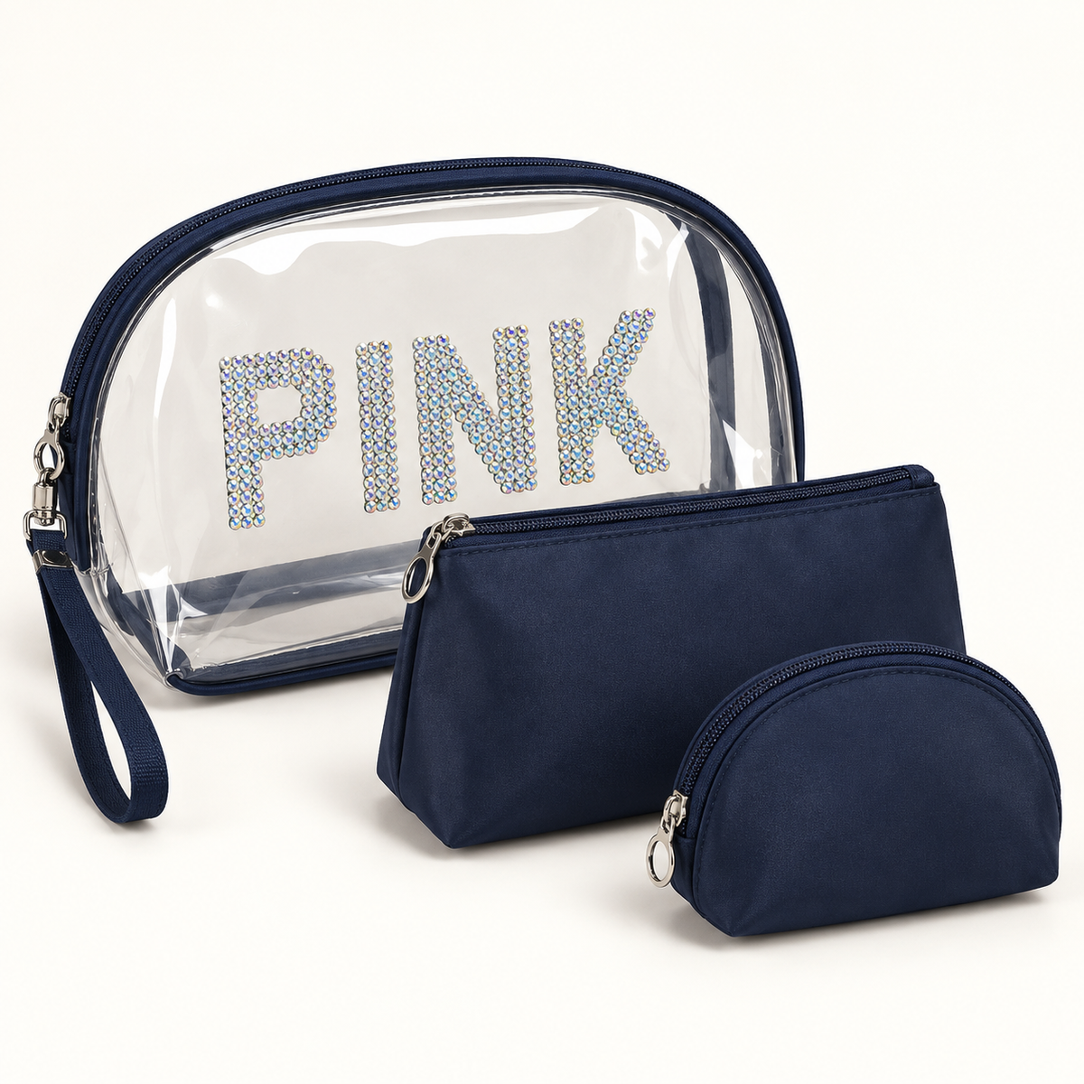 طقم حقائب PINK اللامع لتنظيم المكياج – 3 قطع