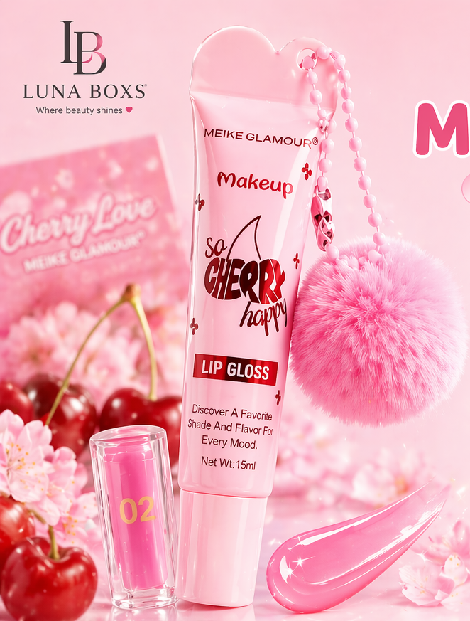 Luna Box Meike Glamour Cherry Love Makeup Lip Gloss with product packaging and promotional text on a pink background.