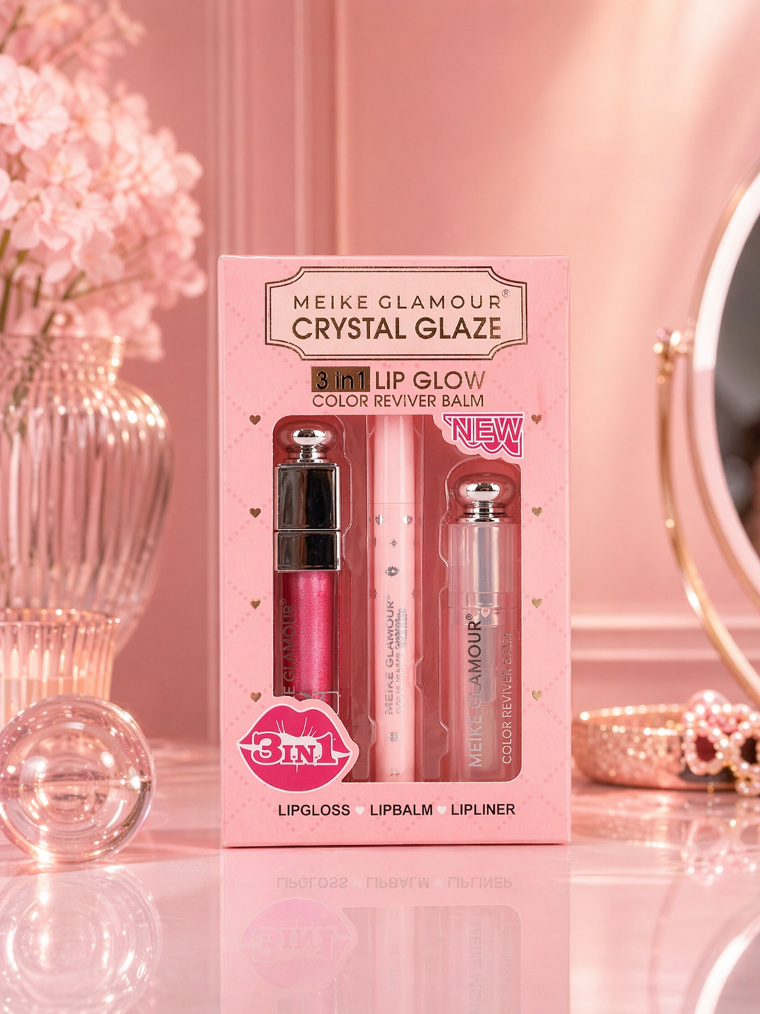 Meike Glamour Crystal Glaze 3-in-1 Lip Glow Set - مجموعة ميكي جلامور كريستال جلو 3 في 1 للشفاه