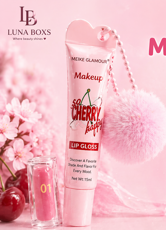Luna Box MEIKE GLAMOUR Cherry Love Makeup Lip Gloss with product packaging, cherry illustration, and color swatches on a pink background.