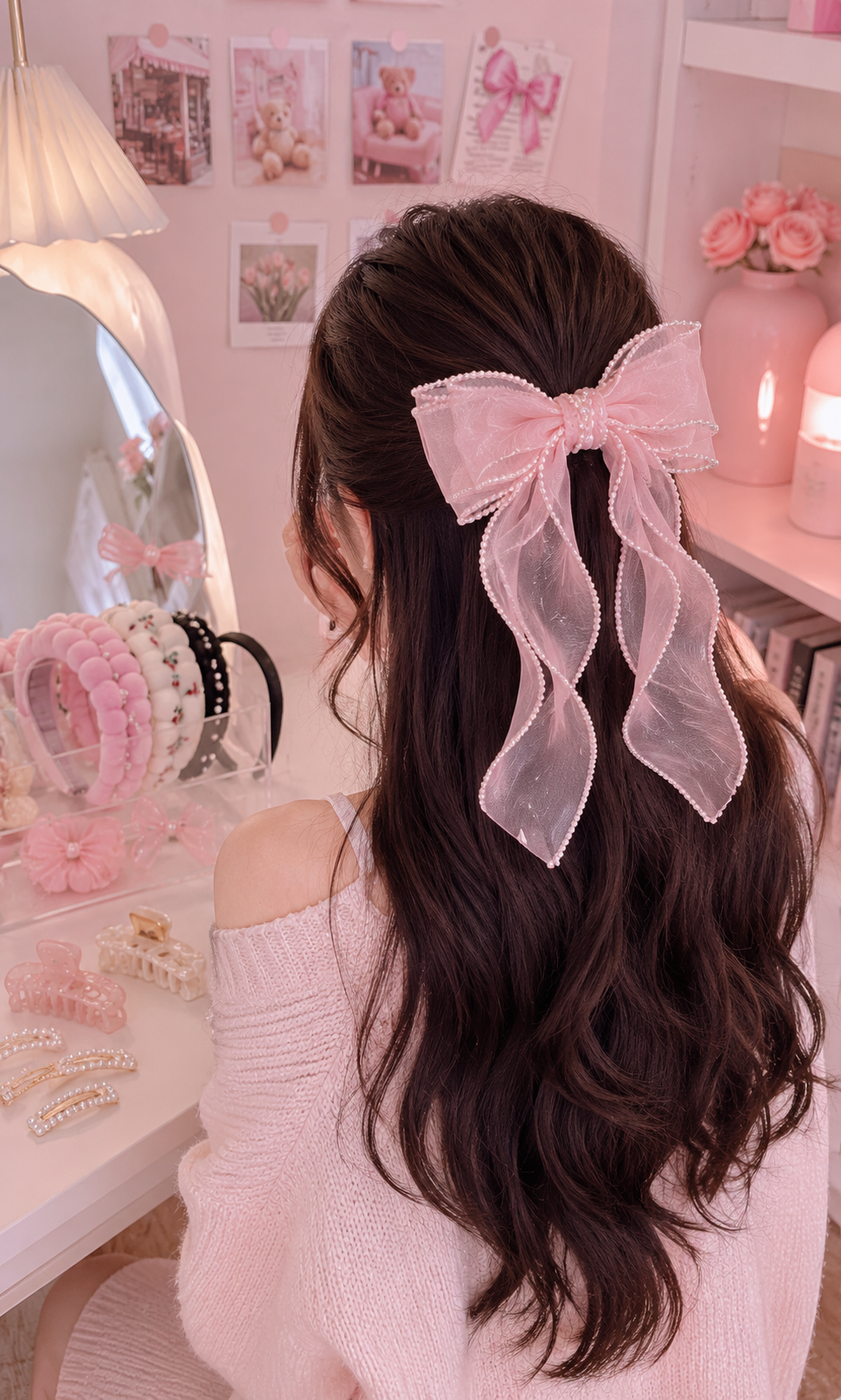 Pearl Trim Organza Bow Hair Clip – Pink