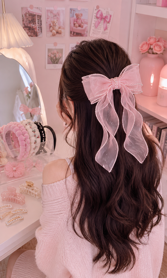 Pearl Trim Organza Bow Hair Clip – Pink