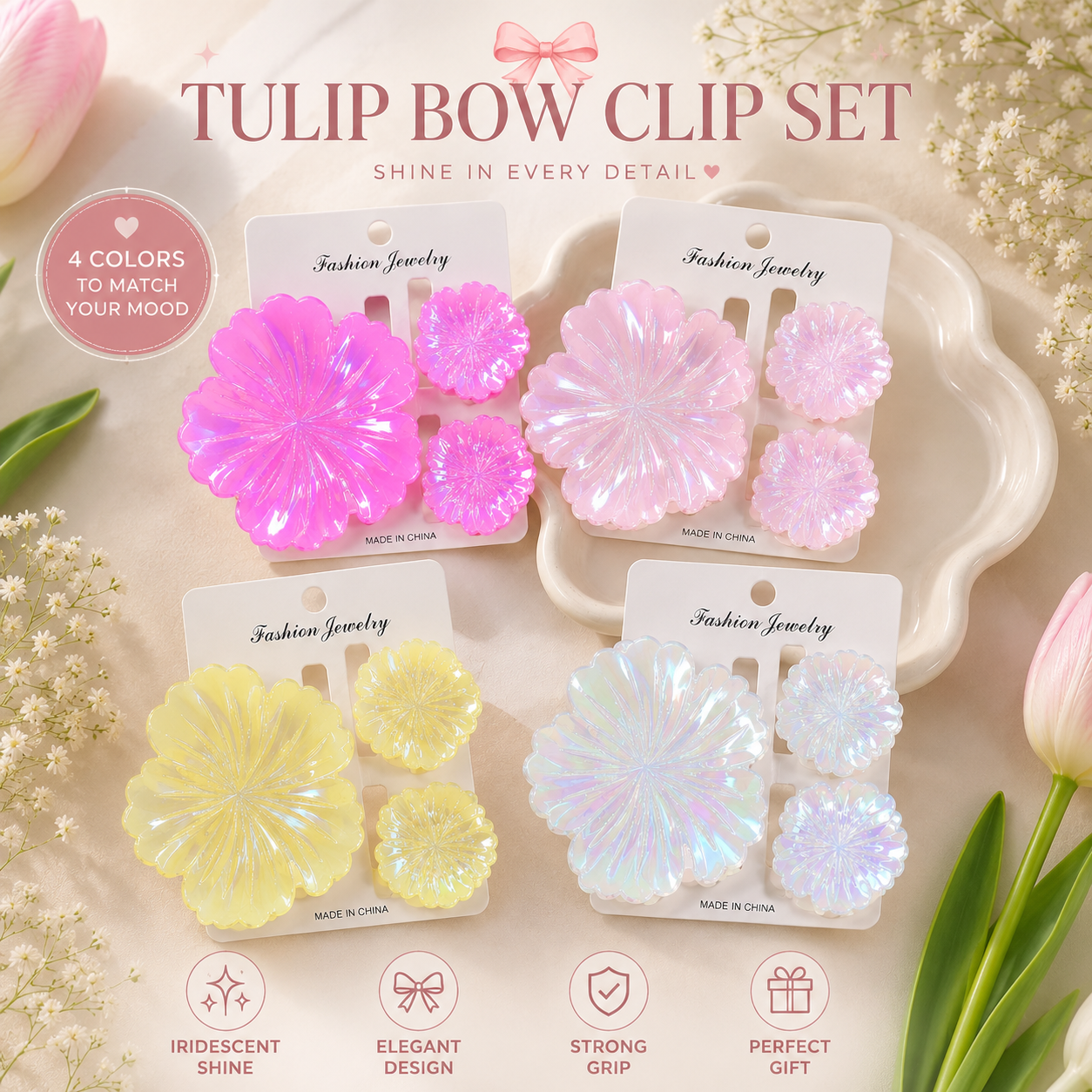 Iridescent Flower Hair Clip Set