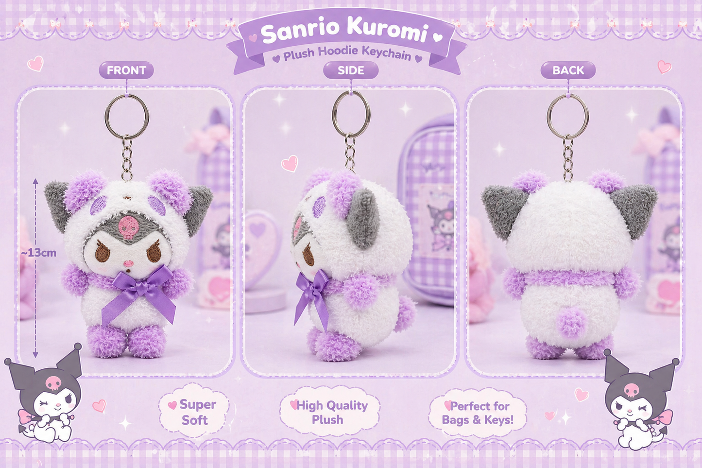 Sanrio Kuromi Plush Hoodie Keychain - ميدالية سانريو كرومي بقبعة فرو 💜