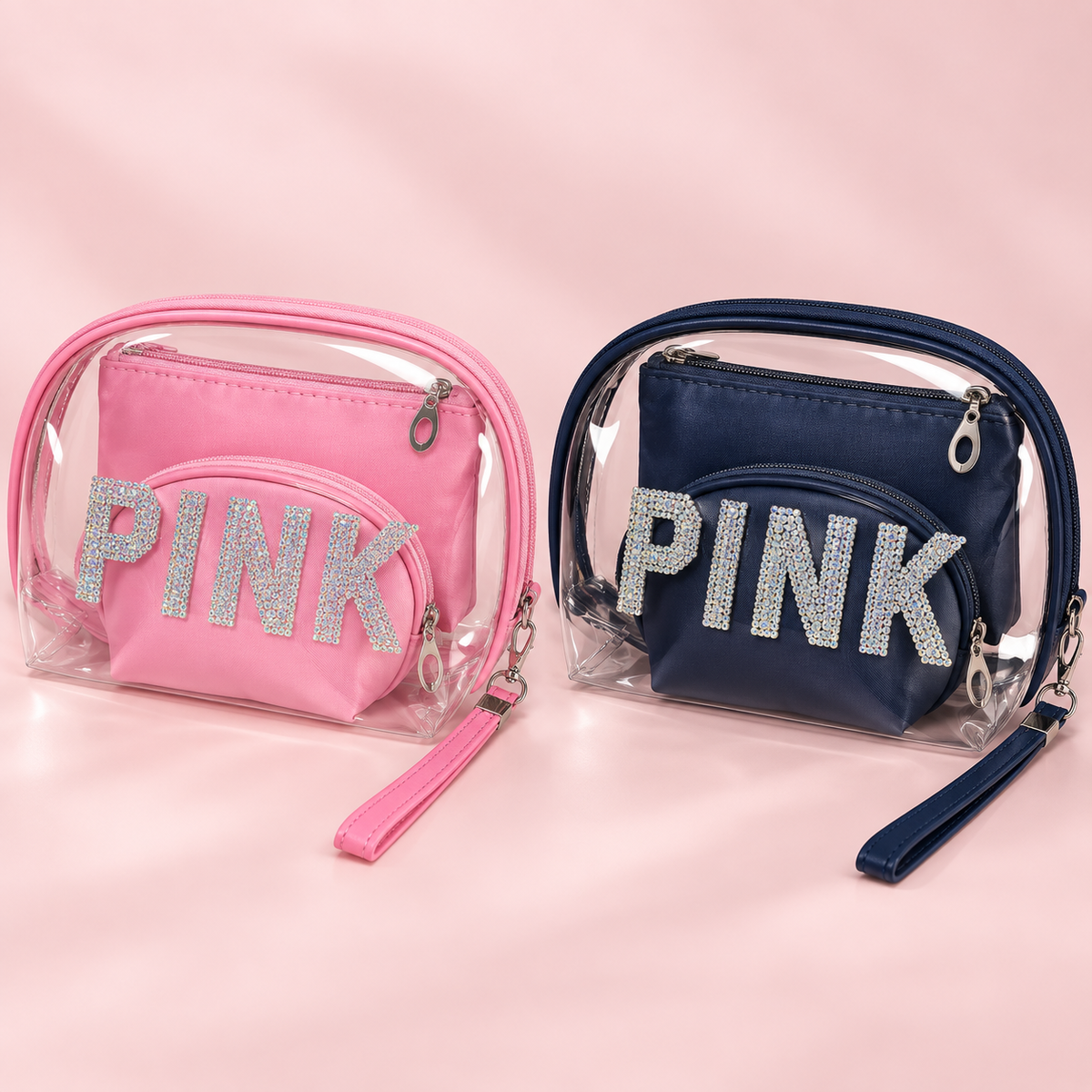 طقم حقائب PINK اللامع لتنظيم المكياج – 3 قطع