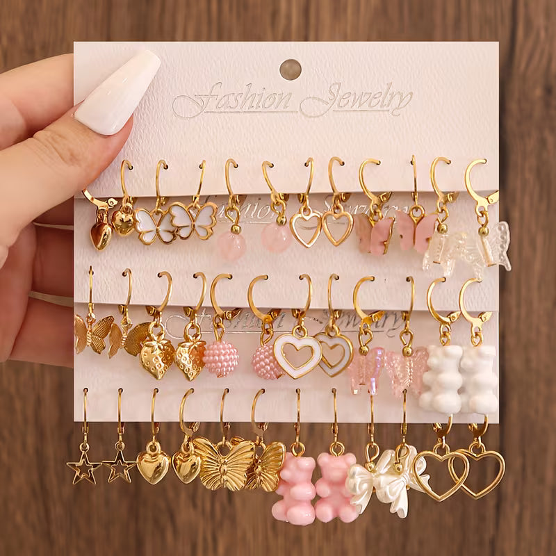 Luna Cute Charm Earrings Set (12 Pairs) 💕 - طقم أقراط لونا الكيوت تشارمز (12 زوج) 💕