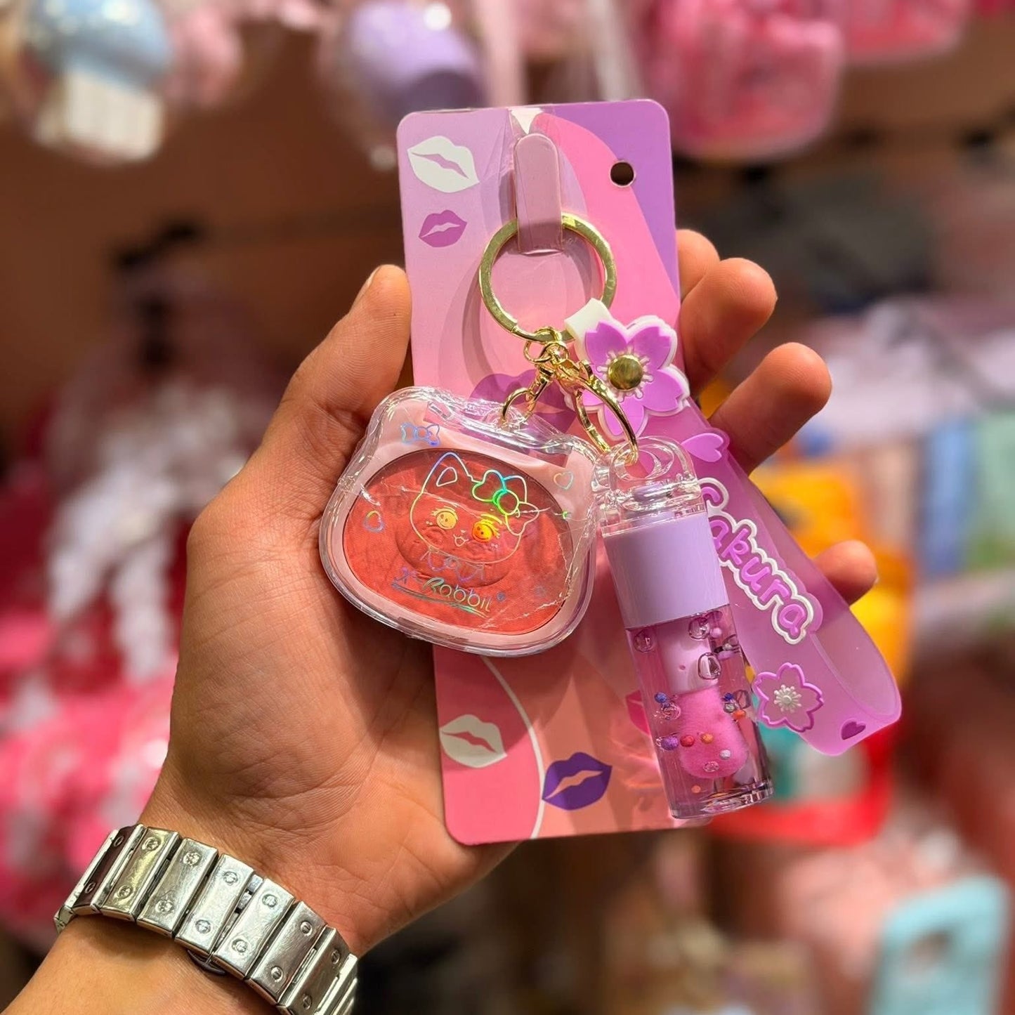 Sakura Lip Gloss & Mini Highlighter or Blusher Keychain -   جلوس شفاه مع تعليقة وميني هايلايتر او بلاشر