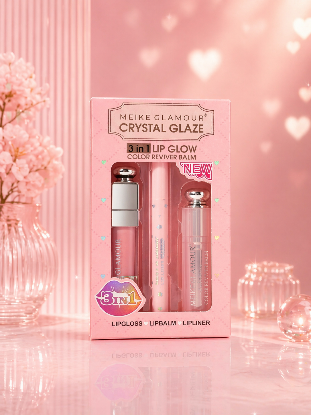 Meike Glamour Crystal Glaze 3-in-1 Lip Glow Set - مجموعة ميكي جلامور كريستال جلو 3 في 1 للشفاه
