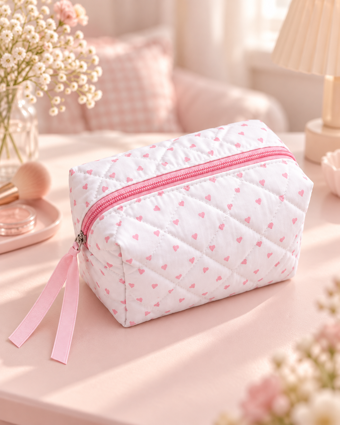 Pink Hearts Quilted Makeup Bag