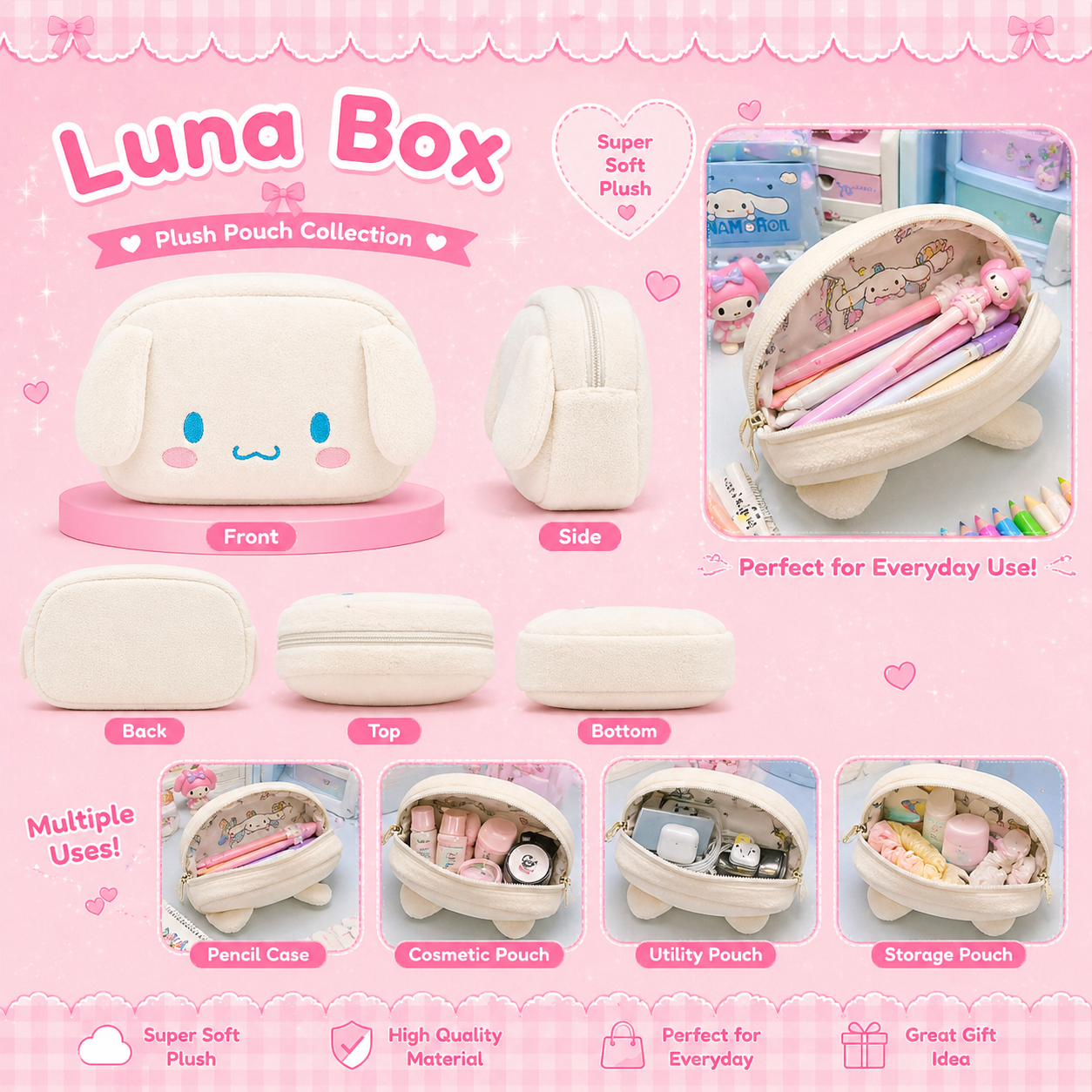 Luna Plush Pouch (Hello Kitty & Cinnamoroll) - (حقيبة لونا المخملية (هالو كيتي و سينامورول