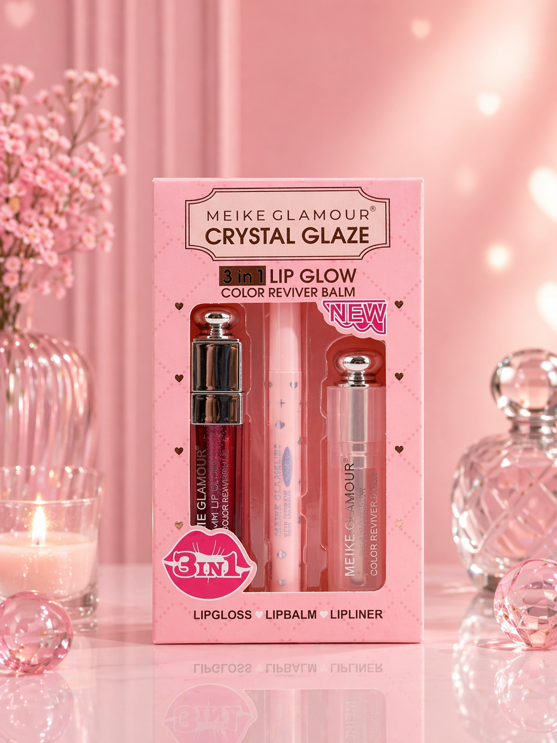Meike Glamour Crystal Glaze 3-in-1 Lip Glow Set - مجموعة ميكي جلامور كريستال جلو 3 في 1 للشفاه