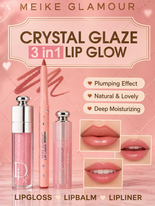 Meike Glamour Crystal Glaze 3-in-1 Lip Glow Set - مجموعة ميكي جلامور كريستال جلو 3 في 1 للشفاه