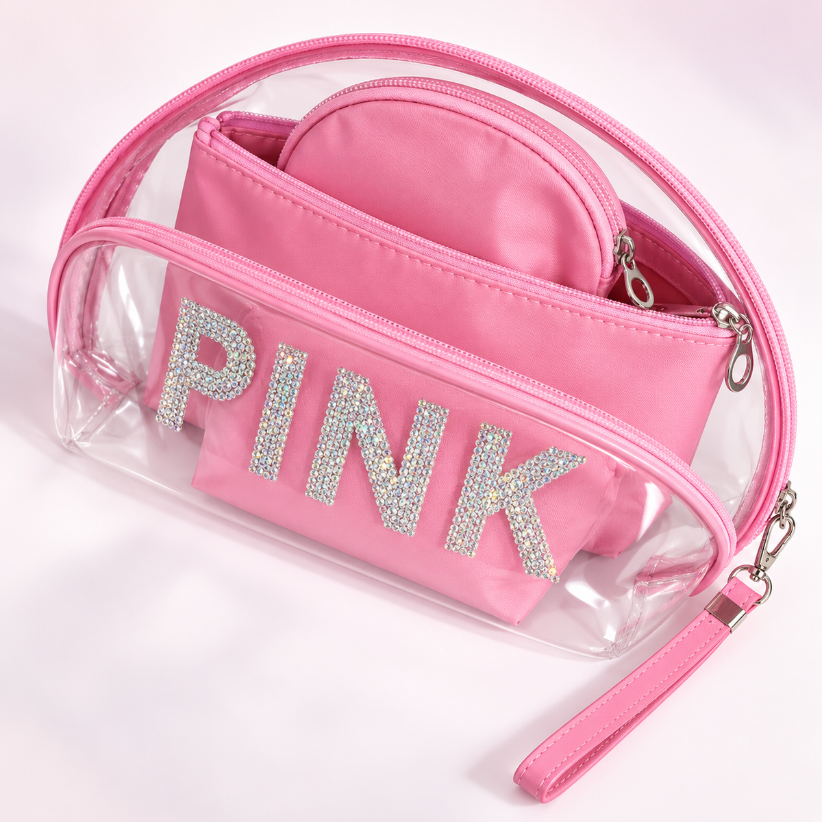 طقم حقائب PINK اللامع لتنظيم المكياج – 3 قطع