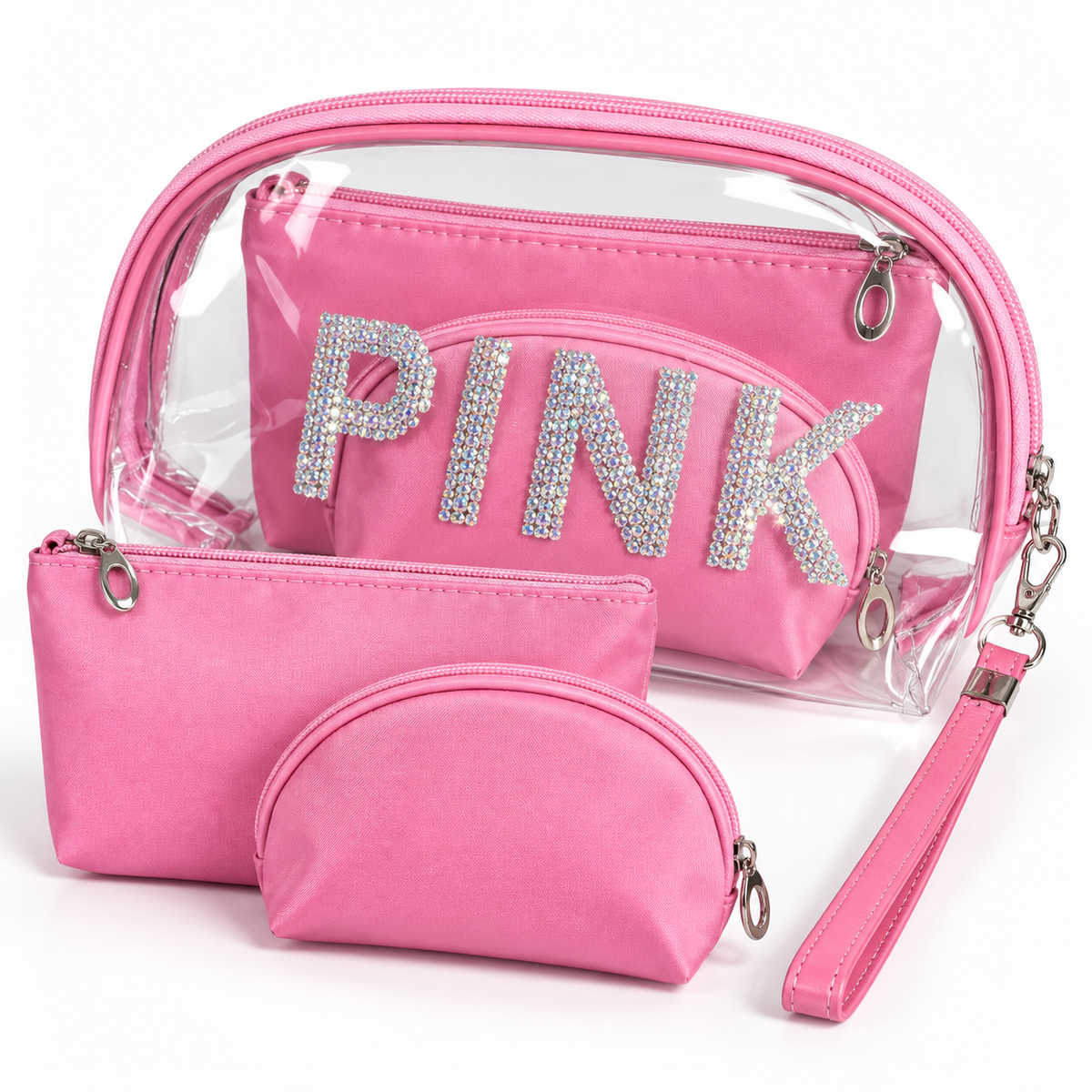 طقم حقائب PINK اللامع لتنظيم المكياج – 3 قطع