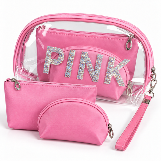 طقم حقائب PINK اللامع لتنظيم المكياج – 3 قطع