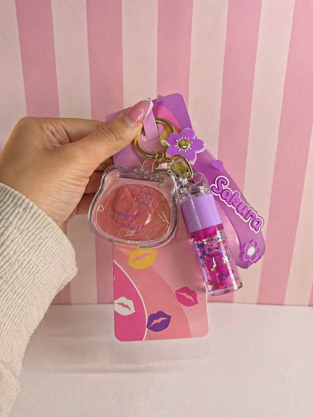 Sakura Lip Gloss & Mini Highlighter or Blusher Keychain -   جلوس شفاه مع تعليقة وميني هايلايتر او بلاشر