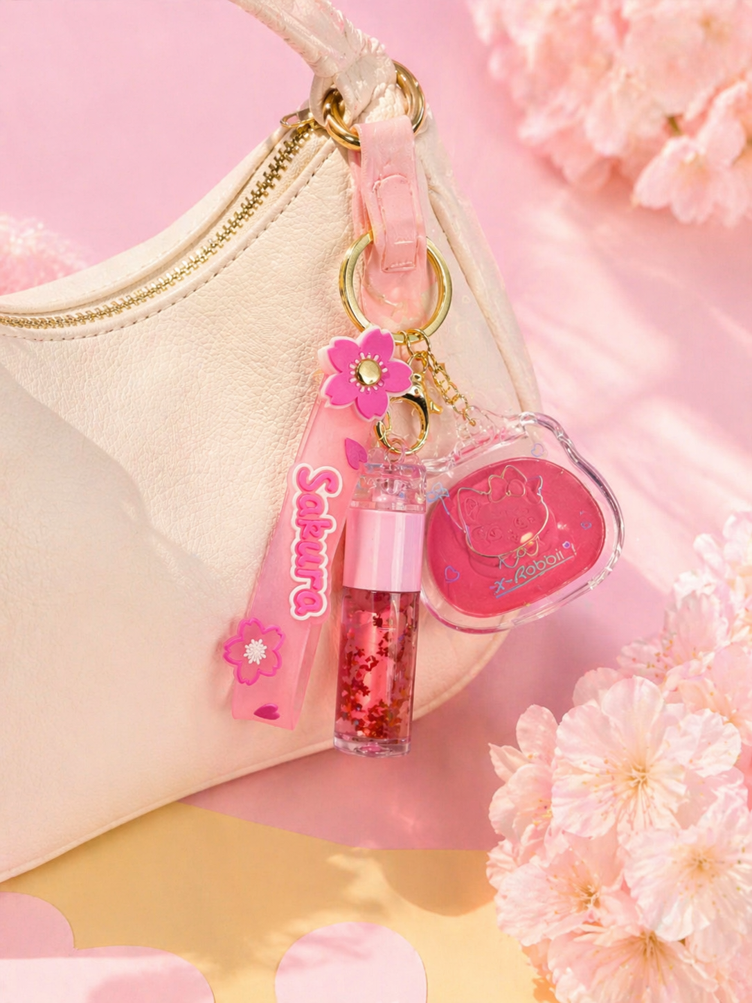 Sakura Lip Gloss & Mini Highlighter or Blusher Keychain -   جلوس شفاه مع تعليقة وميني هايلايتر او بلاشر