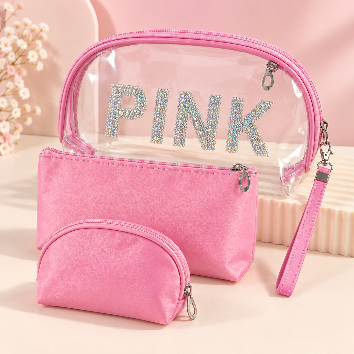 طقم حقائب PINK اللامع لتنظيم المكياج – 3 قطع