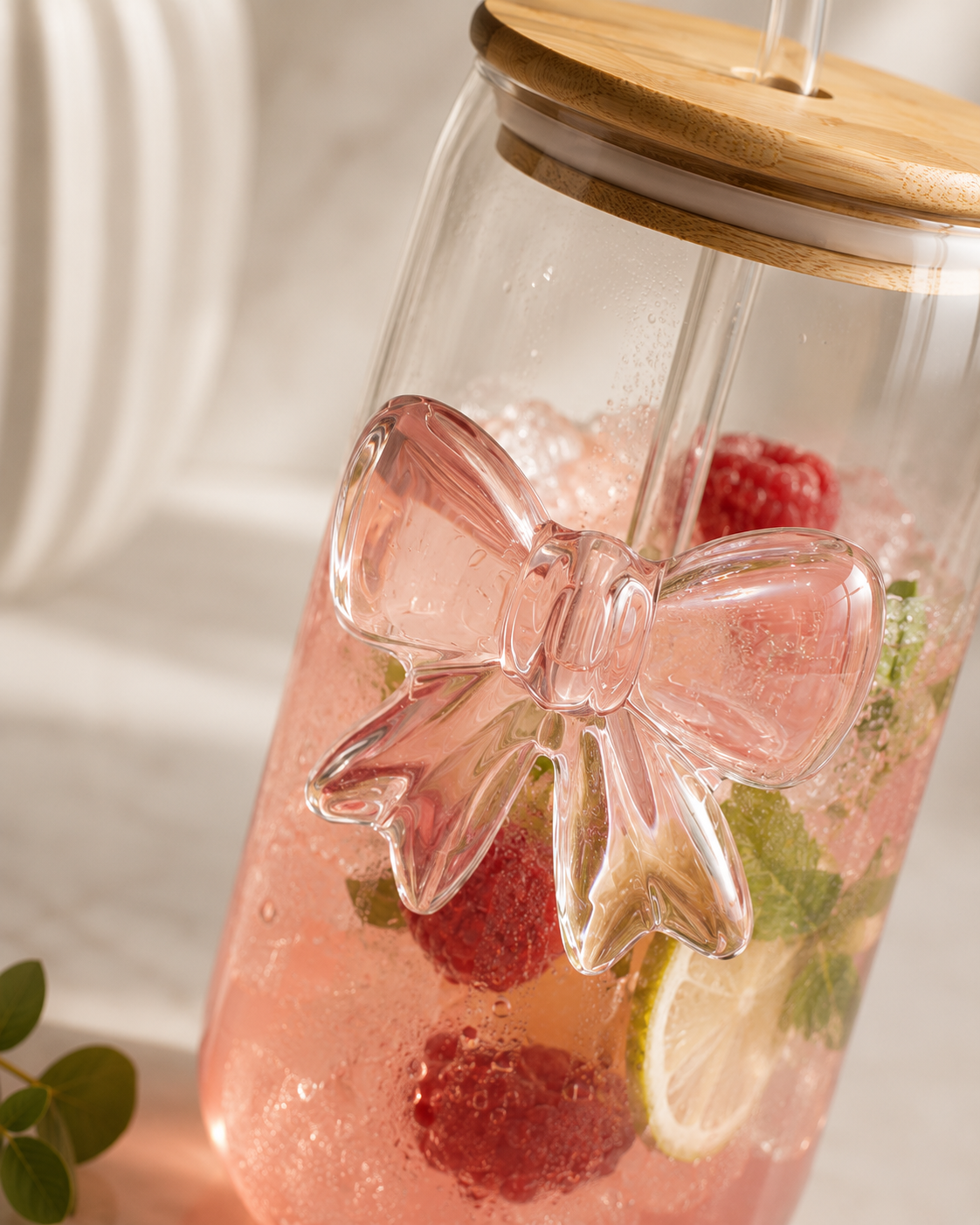 Pink Bow Glass Cup with Bamboo Lid & Glass Straw