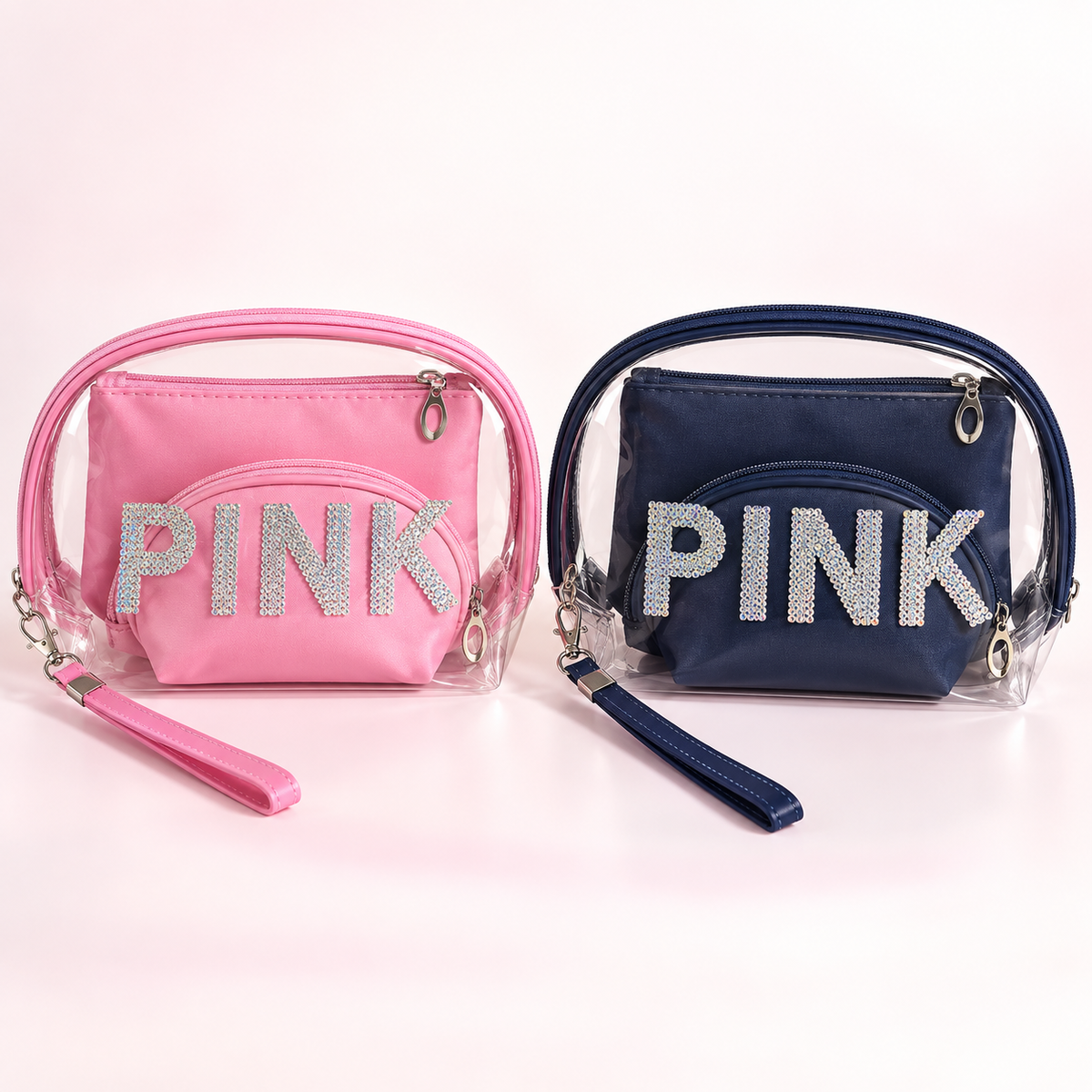 طقم حقائب PINK اللامع لتنظيم المكياج – 3 قطع