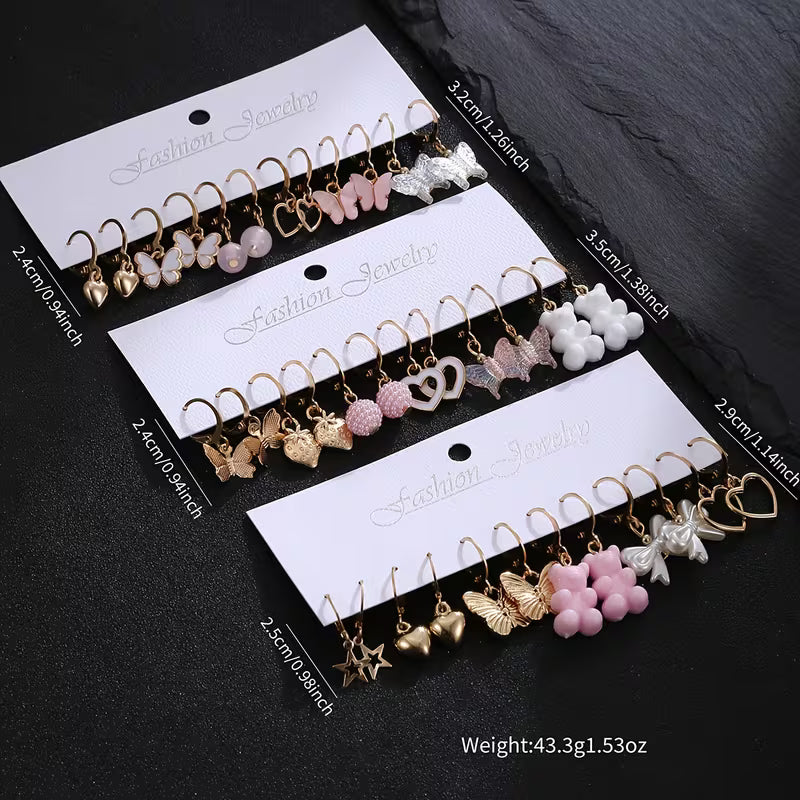 Luna Cute Charm Earrings Set (12 Pairs) 💕 - طقم أقراط لونا الكيوت تشارمز (12 زوج) 💕