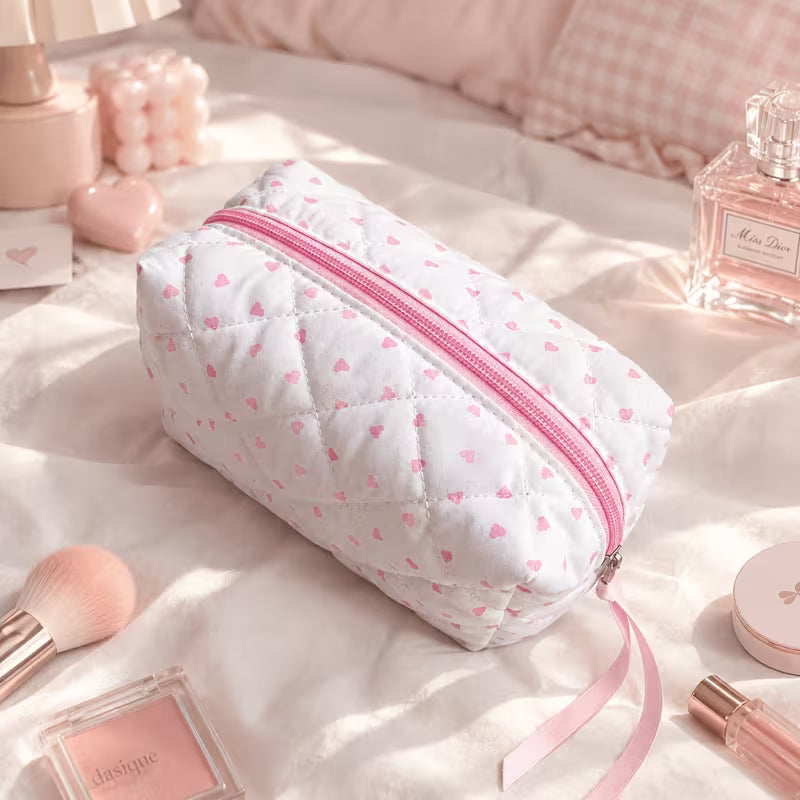 Pink Hearts Quilted Makeup Bag