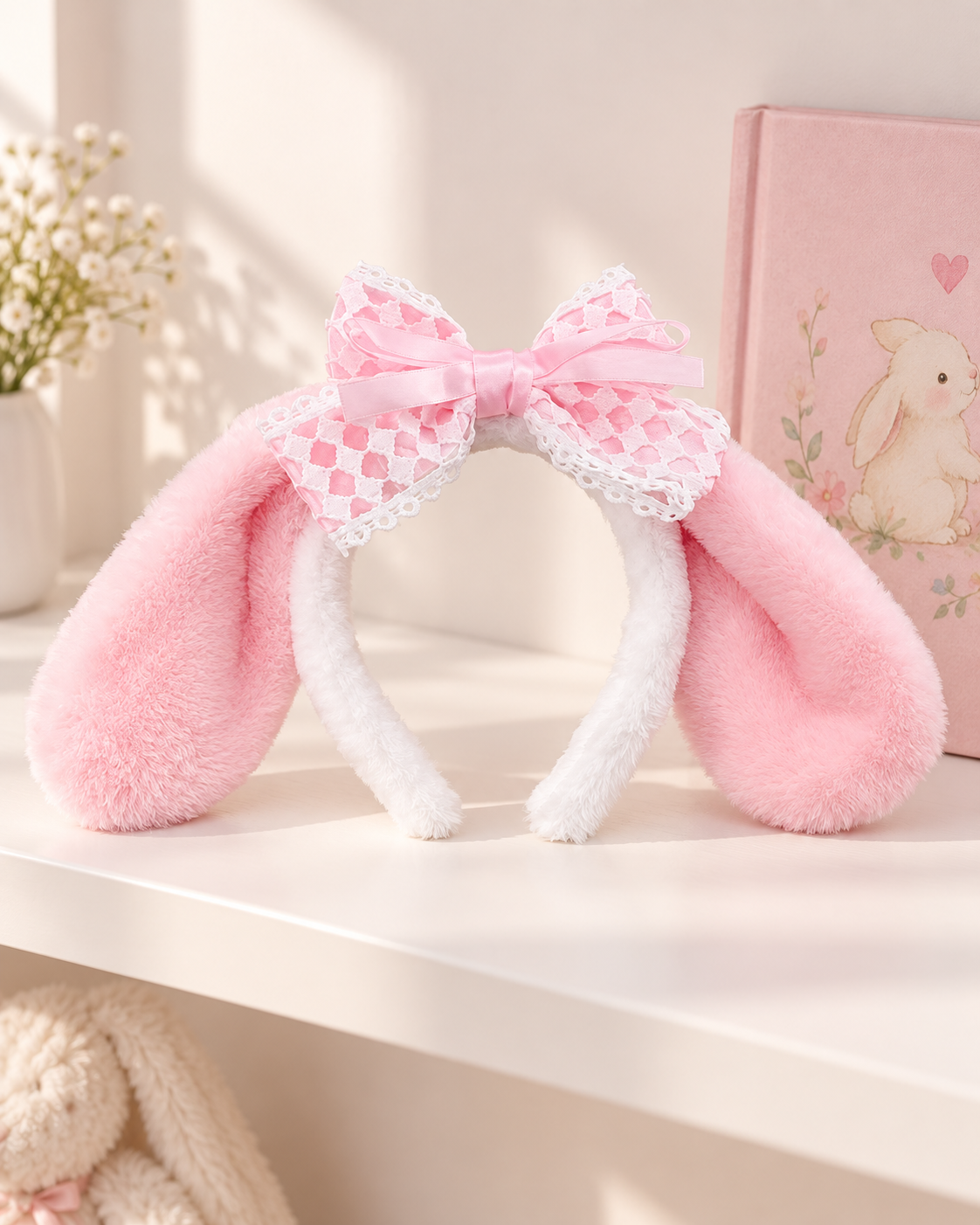 Pink Bunny Ears Plush Headband with Lace Bow