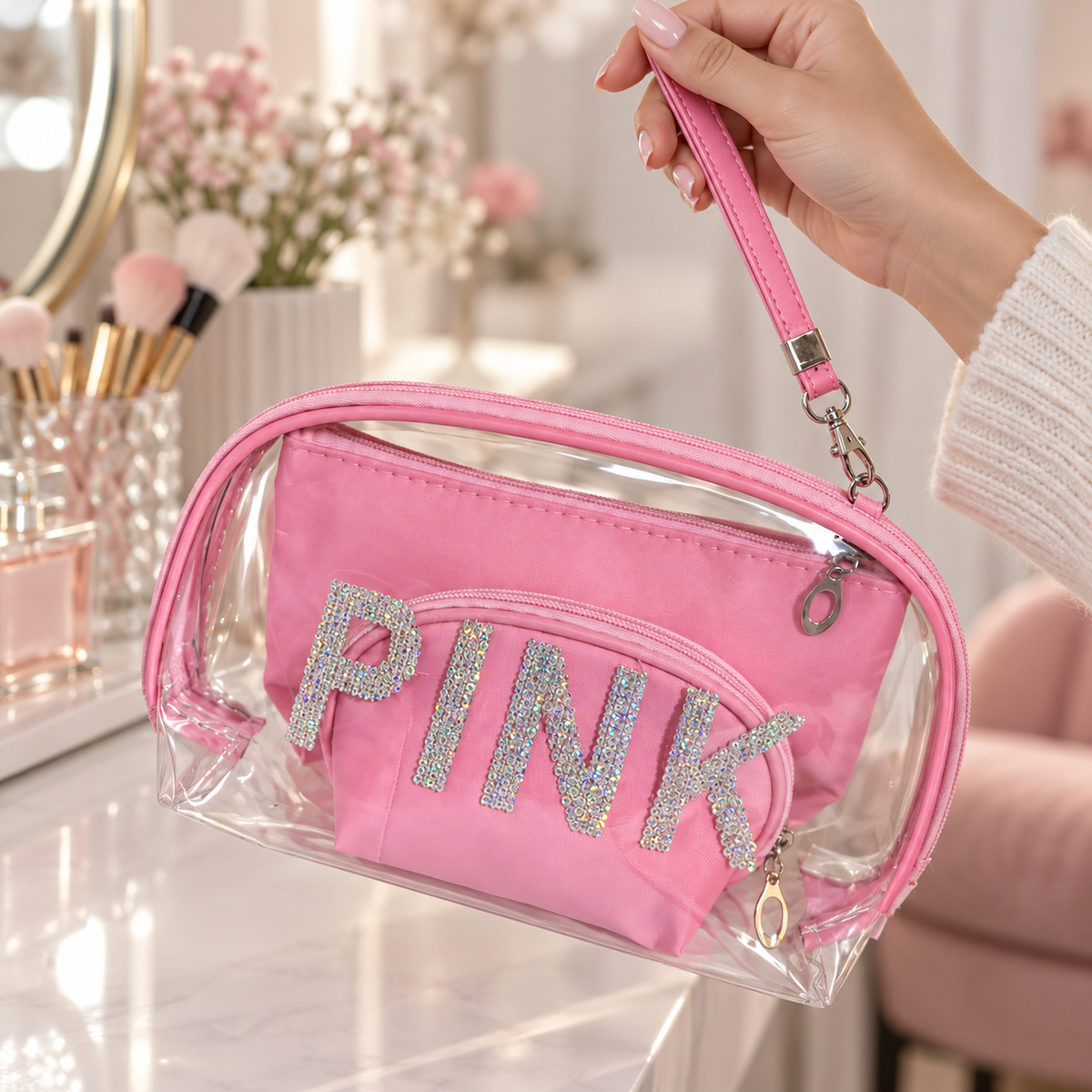 طقم حقائب PINK اللامع لتنظيم المكياج – 3 قطع