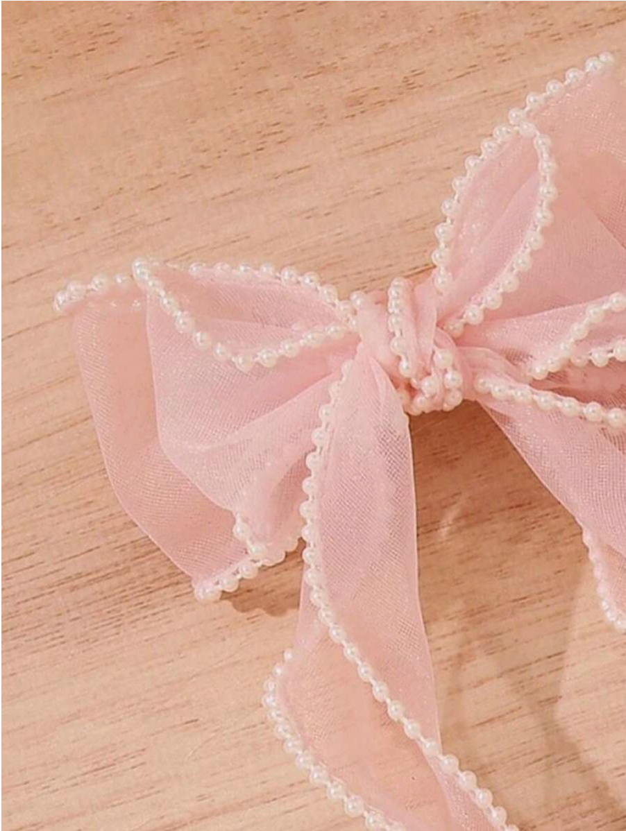Pearl Trim Organza Bow Hair Clip – Pink