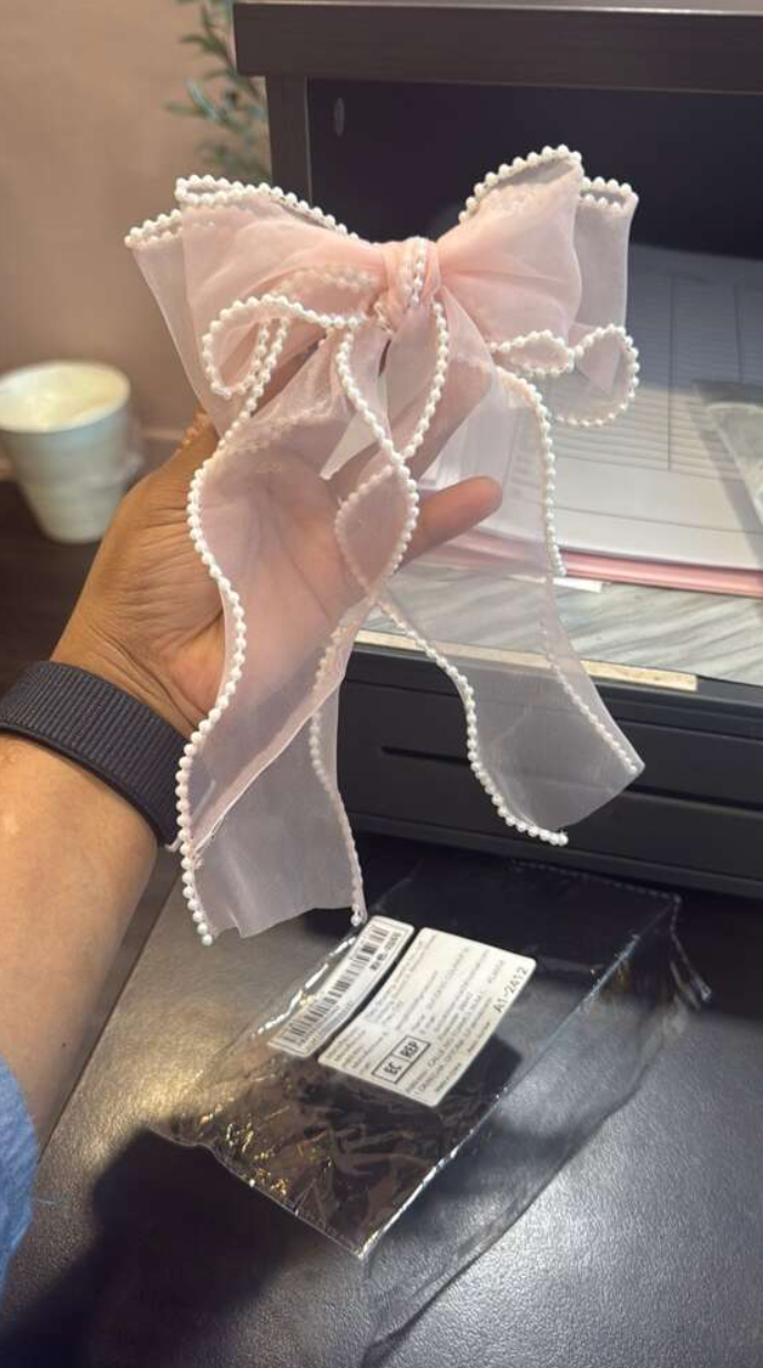 Pearl Trim Organza Bow Hair Clip – Pink
