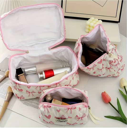 Pink Bow Quilted Cosmetic Bags – Set of 3