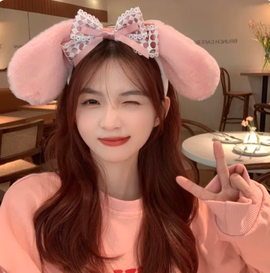 Pink Bunny Ears Plush Headband with Lace Bow