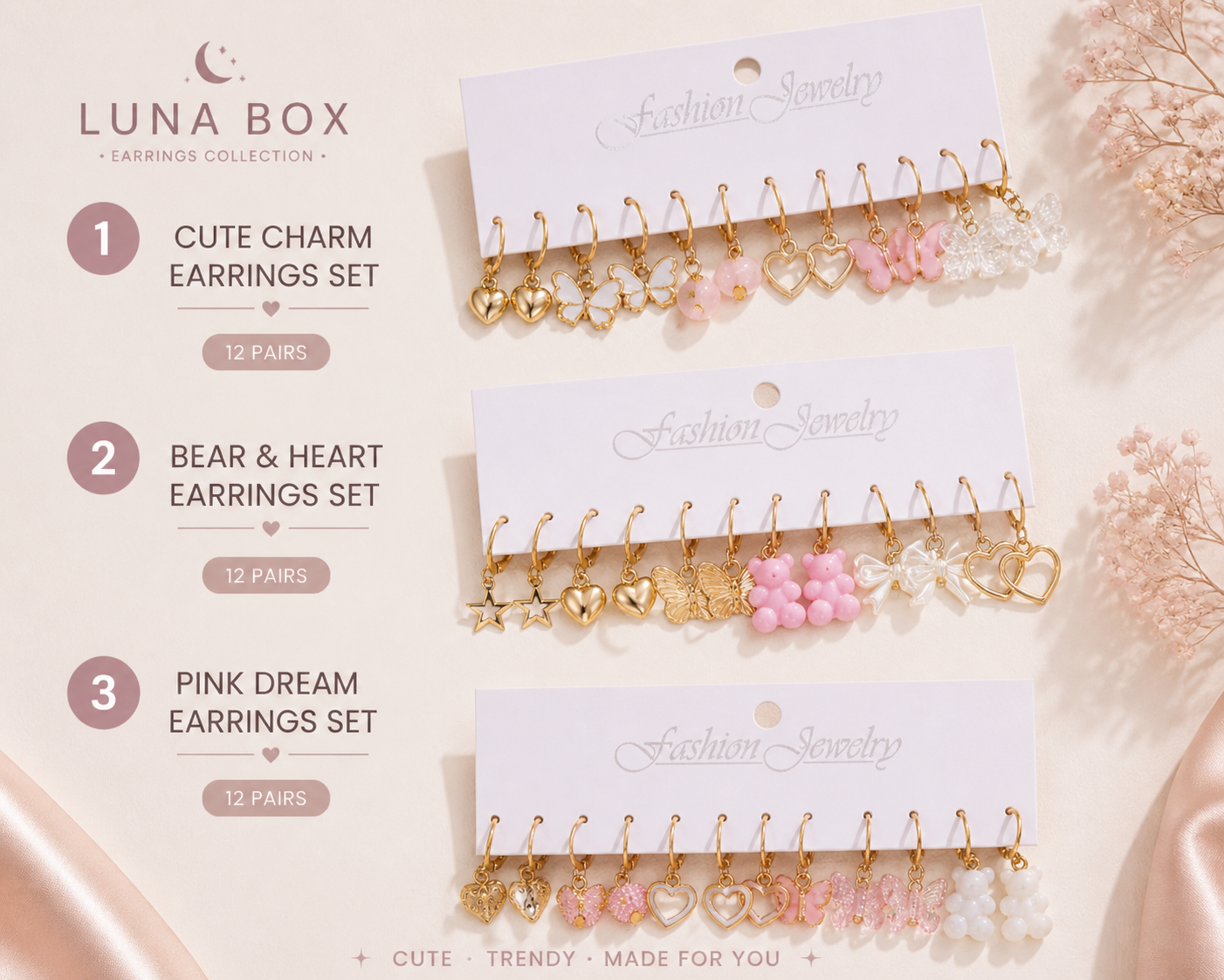 Luna Cute Charm Earrings Set (12 Pairs) 💕 - طقم أقراط لونا الكيوت تشارمز (12 زوج) 💕