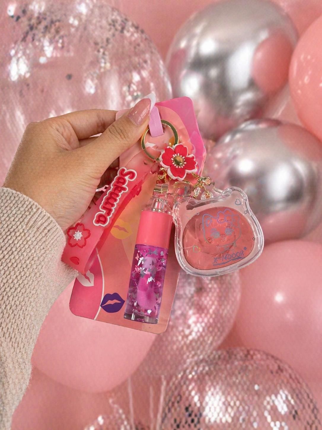 Sakura Lip Gloss & Mini Highlighter or Blusher Keychain -   جلوس شفاه مع تعليقة وميني هايلايتر او بلاشر