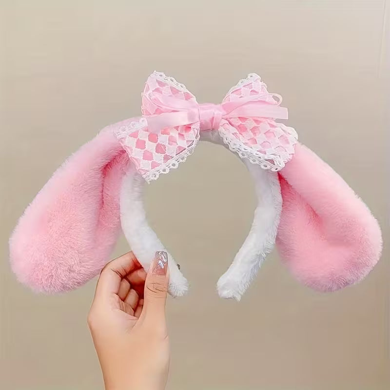 Pink Bunny Ears Plush Headband with Lace Bow