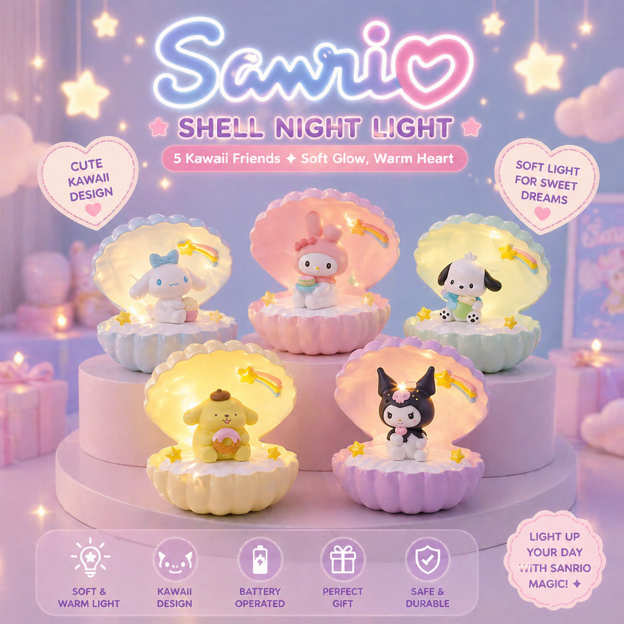 Sanrio Shell Glow Night Light – مصباح ليلي صَدَفة سانري