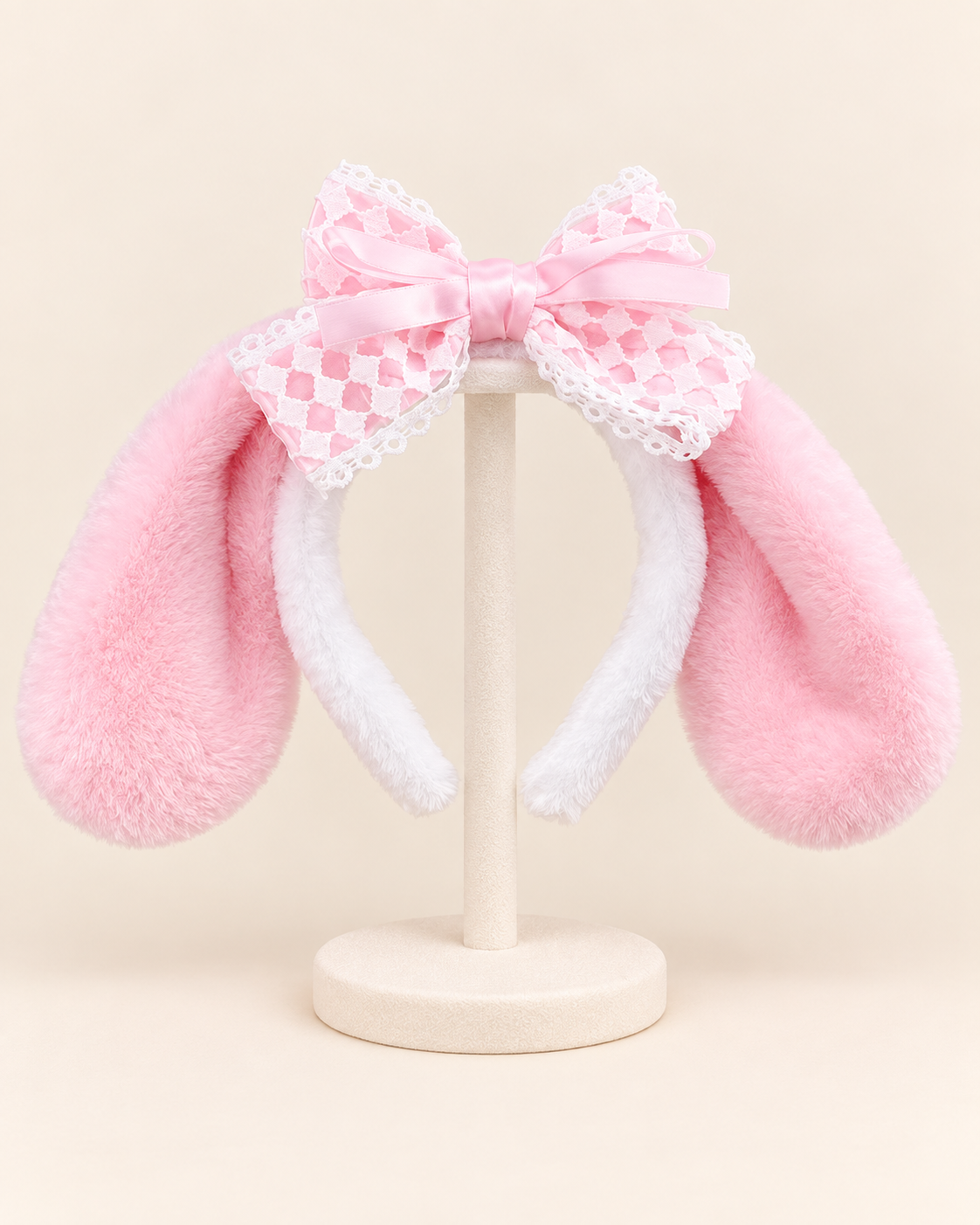 Pink Bunny Ears Plush Headband with Lace Bow