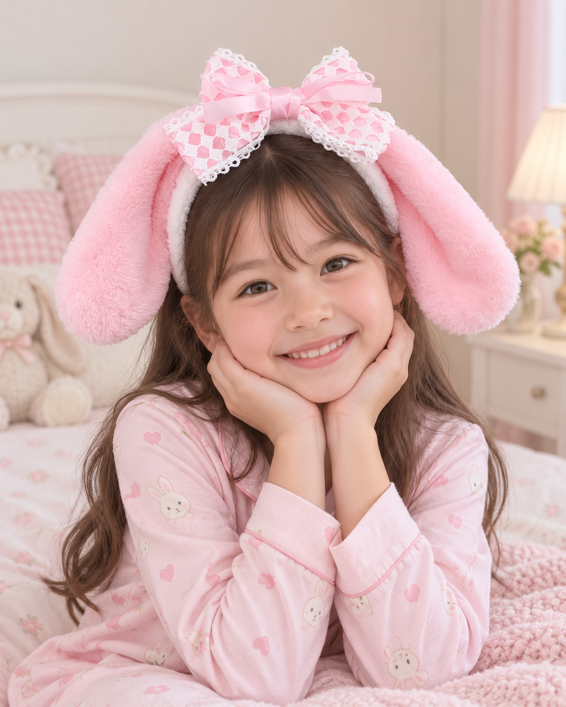 Pink Bunny Ears Plush Headband with Lace Bow