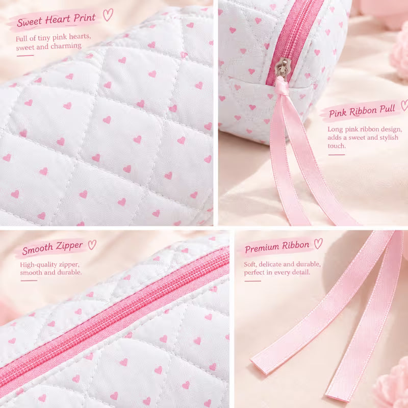 Pink Hearts Quilted Makeup Bag