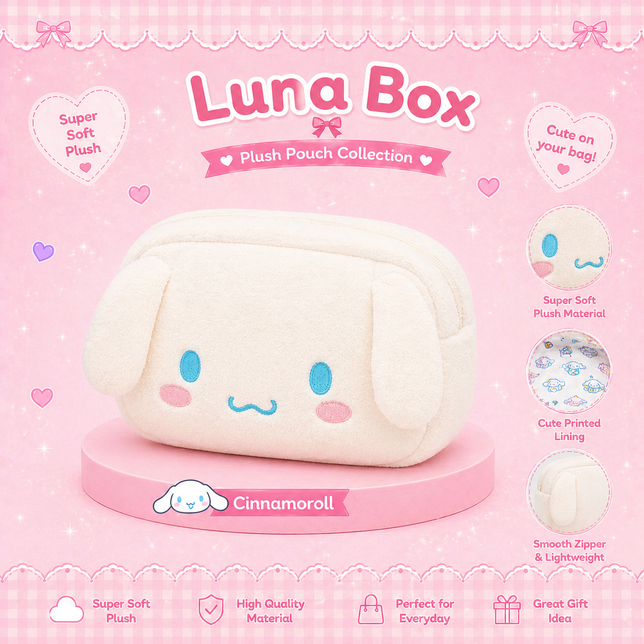 Luna Plush Pouch (Hello Kitty & Cinnamoroll) - (حقيبة لونا المخملية (هالو كيتي و سينامورول