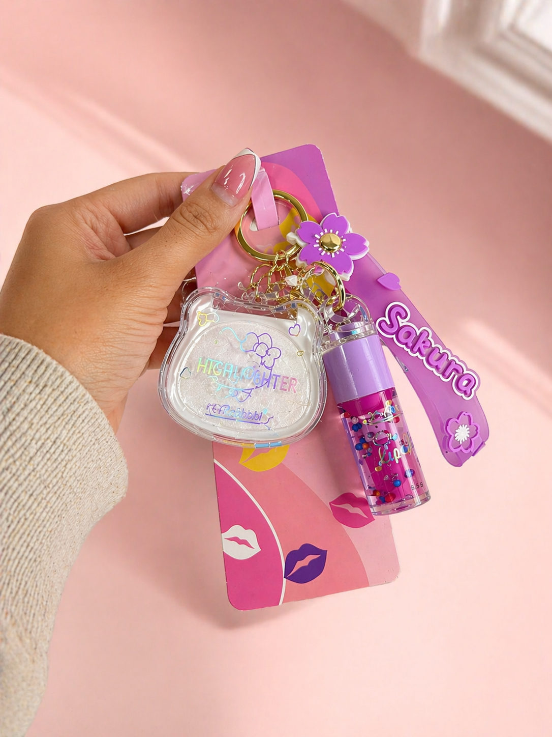 Sakura Lip Gloss & Mini Highlighter or Blusher Keychain -   جلوس شفاه مع تعليقة وميني هايلايتر او بلاشر