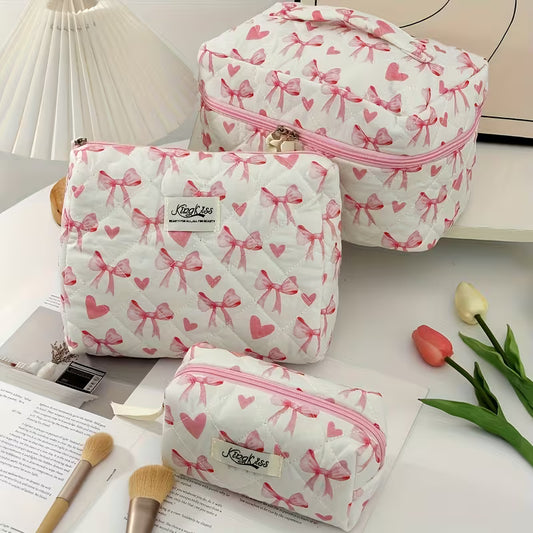 Pink Bow Quilted Cosmetic Bags – Set of 3