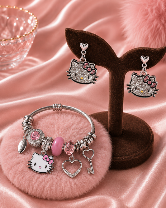 Hello Kitty Charms Bracelet & Earrings Set - طقم إسوارة وحلق هالو كيتي شارمز