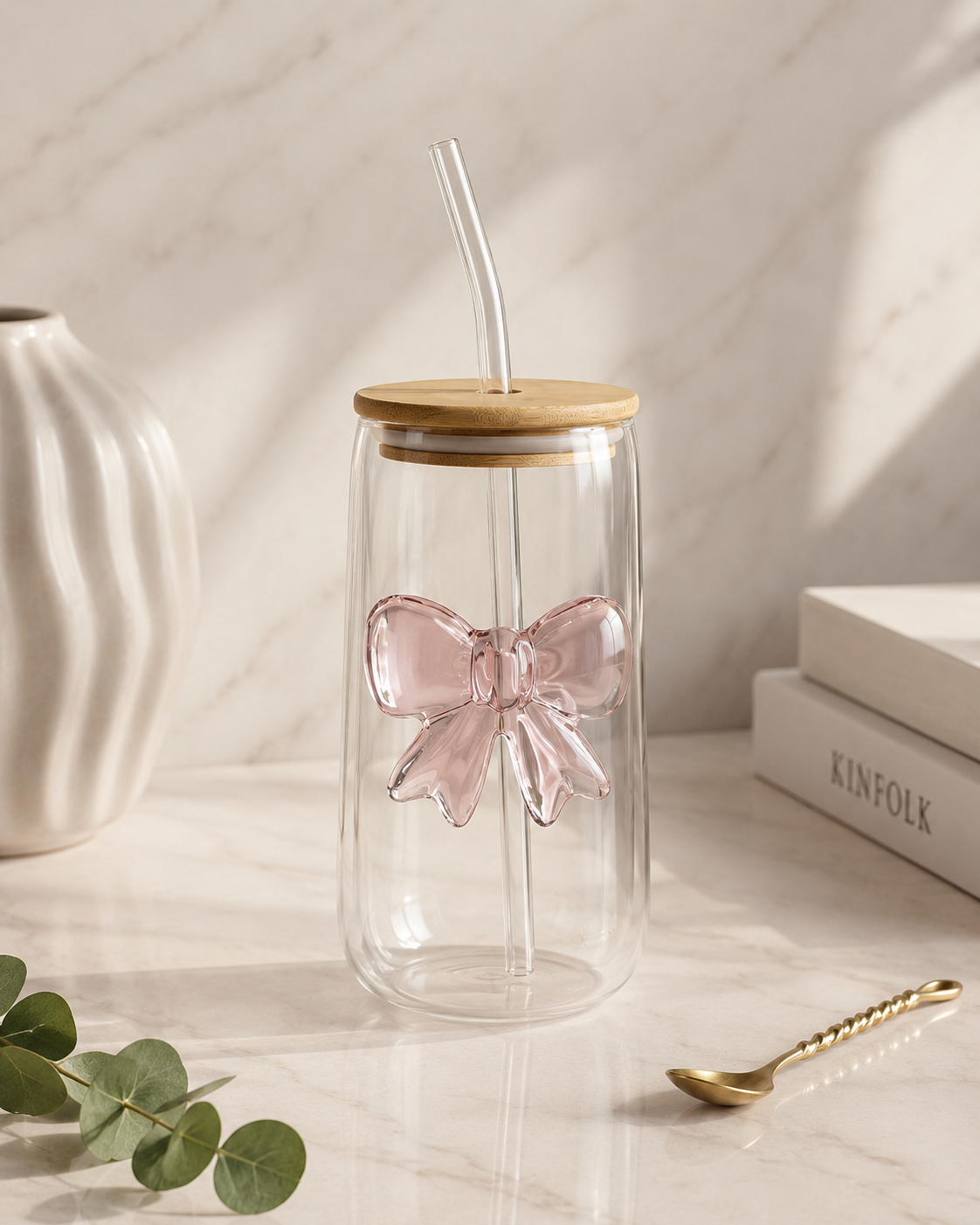 Pink Bow Glass Cup with Bamboo Lid & Glass Straw